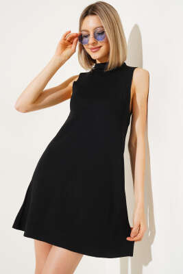 Kolsuz Mini Triko Elbise Siyah - Kadın Giyim Modelleri