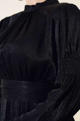 Kolu Büzgülü Elbise Siyah - Thumbnail