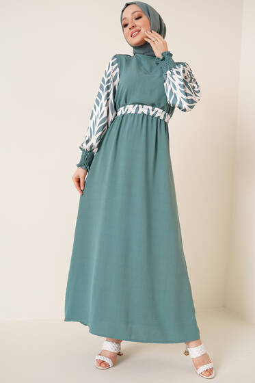 Kolu Desenli Bisiklet Yaka Ayrobin Elbise Çağla Yeşili - Tesettür Elbise