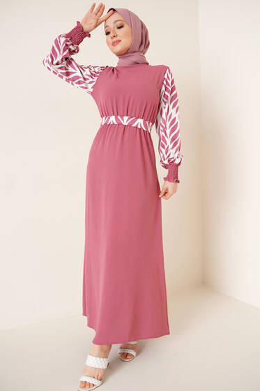 Kolu Desenli Bisiklet Yaka Ayrobin Elbise Gül Kurusu - Tesettür Elbise