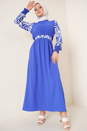 Kolu Desenli Bisiklet Yaka Ayrobin Elbise Saks - Tesettür Elbise