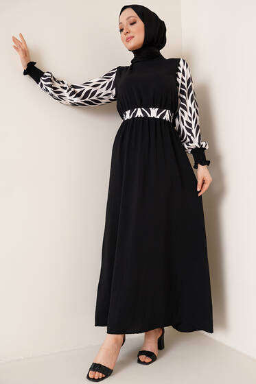 Kolu Desenli Bisiklet Yaka Ayrobin Elbise Siyah - Tesettür Elbise