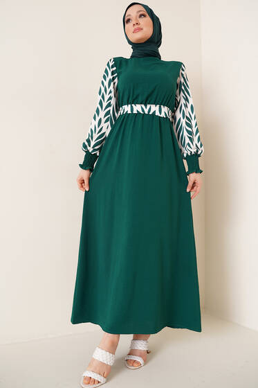 Kolu Desenli Bisiklet Yaka Ayrobin Elbise Zümrüt - Tesettür Elbise