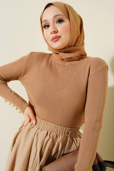 Kolu Düğme Detaylı Fitilli Triko Kazak Büsküvi - Triko Kazak