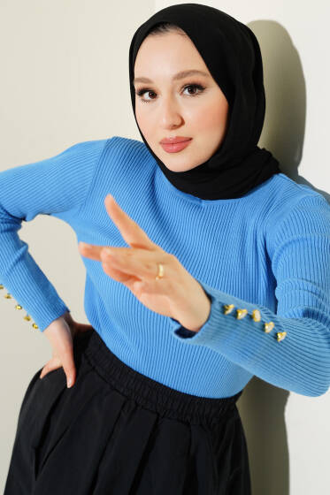Kolu Düğme Detaylı Fitilli Triko Kazak İndigo - Triko Kazak