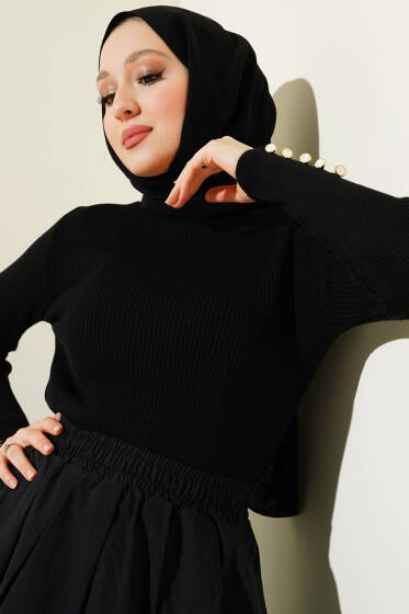 Kolu Düğme Detaylı Fitilli Triko Kazak Siyah - Triko Kazak