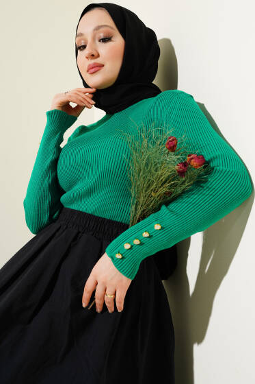 Kolu Düğme Detaylı Fitilli Triko Kazak Zümrüt - Triko Kazak