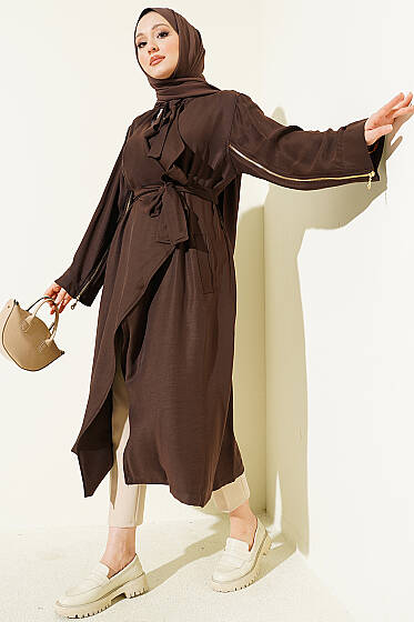 Kolu Fermuarlı Tensel Trençkot Kahve - Trençkot