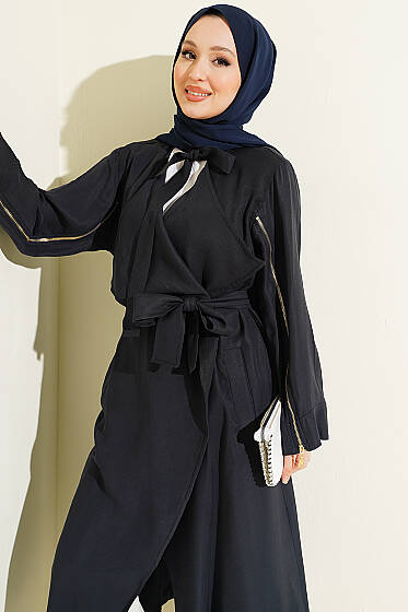 Kolu Fermuarlı Tensel Trençkot Lacivert - Trençkot