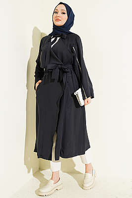 Kolu Fermuarlı Tensel Trençkot Lacivert - Trençkot