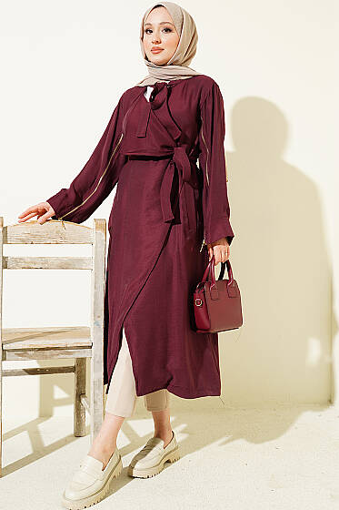 Kolu Fermuarlı Tensel Trençkot Mürdüm - Trençkot