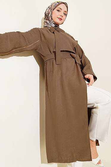 Kolu Fermuarlı Tensel Trençkot Vizon - Trençkot