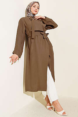 Kolu Fermuarlı Tensel Trençkot Vizon - Trençkot