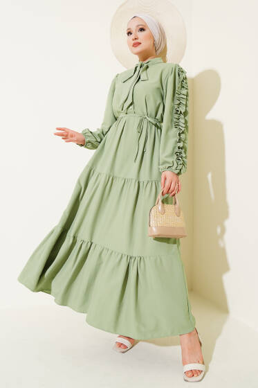 Kolu Fırfır Detaylı Kat Elbise Çağla Yeşili - Elbise