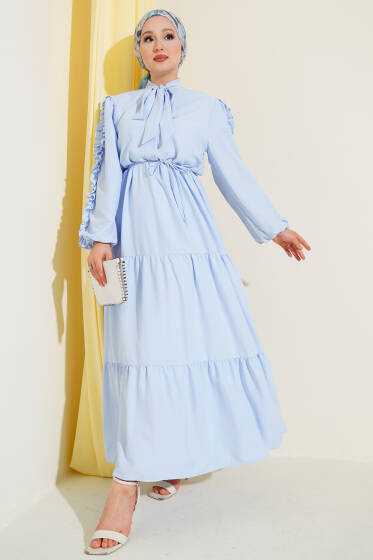 Kolu Fırfır Detaylı Kat Elbise Mavi - Elbise
