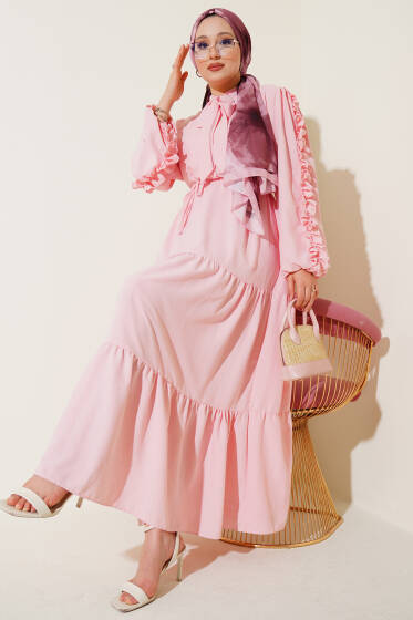 Kolu Fırfır Detaylı Kat Elbise Pembe - Elbise