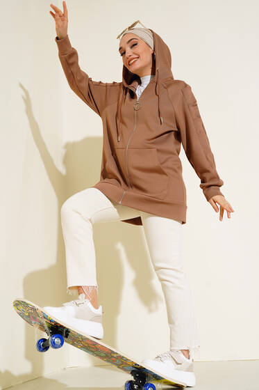 Kolu Fırfırlı Kapüşonlu Hırka Camel - Hırka