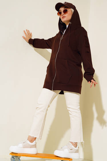 Kolu Fırfırlı Kapüşonlu Hırka Kahve - Hırka