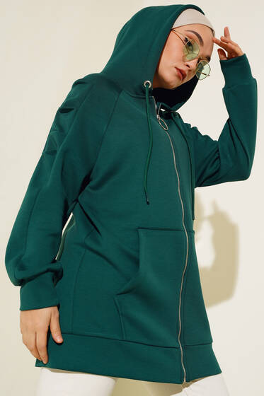 Kolu Fırfırlı Kapüşonlu Hırka Zümrüt Yeşili - Hırka