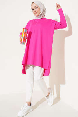 Kolu Fitilli Salaş Triko Tunik Fuşya - Triko Tunik