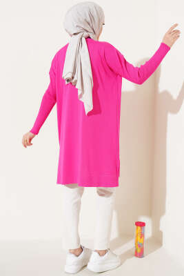 Kolu Fitilli Salaş Triko Tunik Fuşya - Triko Tunik
