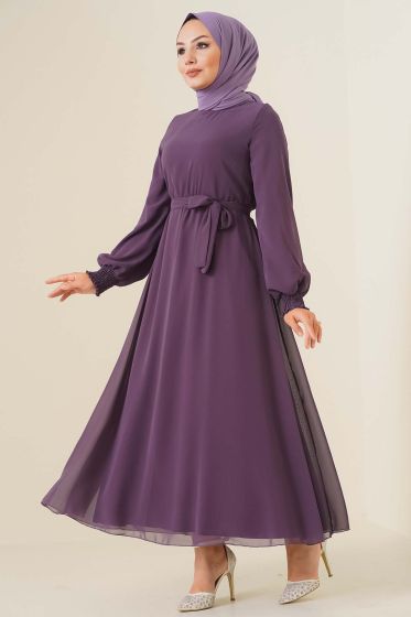 Kolu Gipeli Şifon Elbise Magenta - Tesettür Elbise