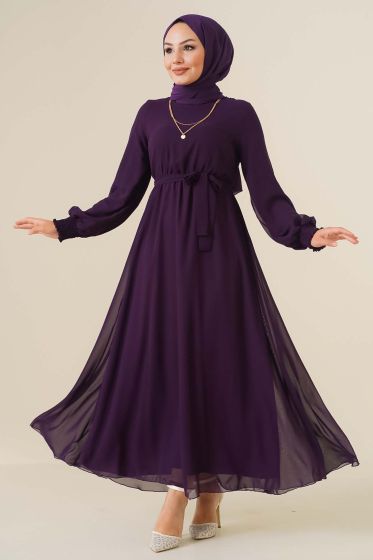 Kolu Gipeli Şifon Elbise Mor - Tesettür Elbise