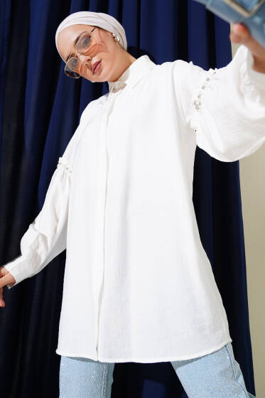 Kolu İnci Detaylı Gömlek Beyaz - Gömlek