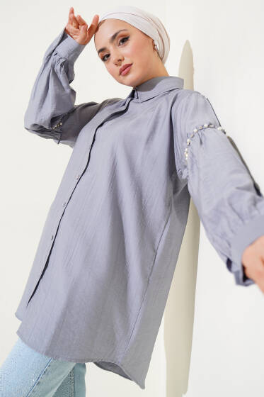 Kolu İnci Detaylı Gömlek Gri - Gömlek