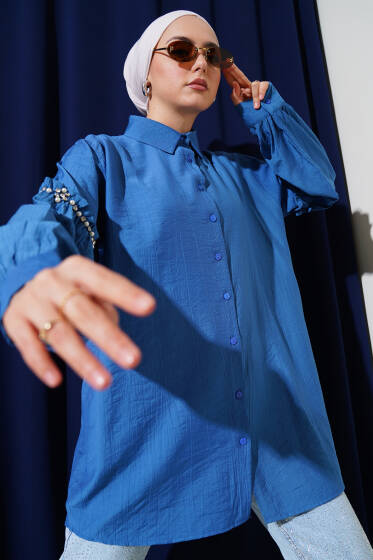 Kolu İnci Detaylı Gömlek İndigo - Gömlek