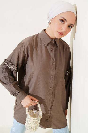 Kolu İnci Detaylı Gömlek Kahve - Gömlek