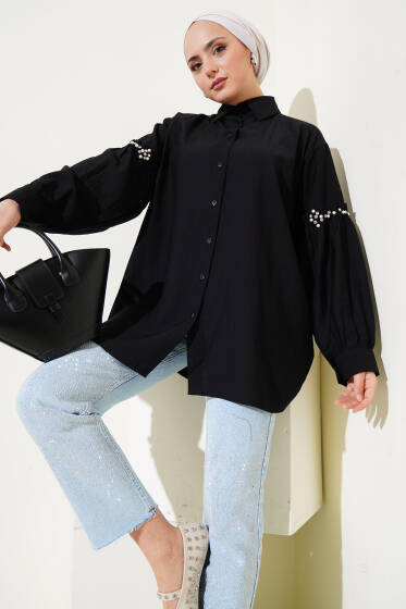 Kolu İnci Detaylı Gömlek Siyah - Gömlek