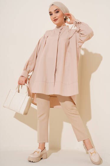 Kolu İp Bağlamalı Yırtmaçlı Tunik Bej - Tunik