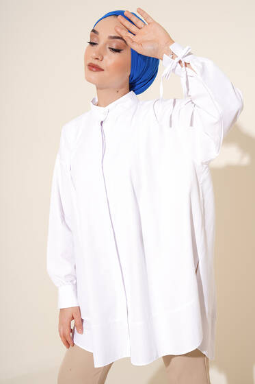 Kolu İp Bağlamalı Yırtmaçlı Tunik Beyaz - Tunik