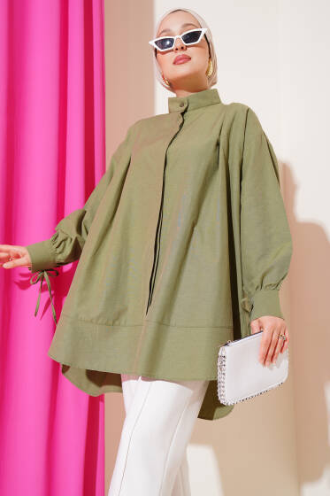 Kolu İp Bağlamalı Yırtmaçlı Tunik Çağla Yeşili - Tunik