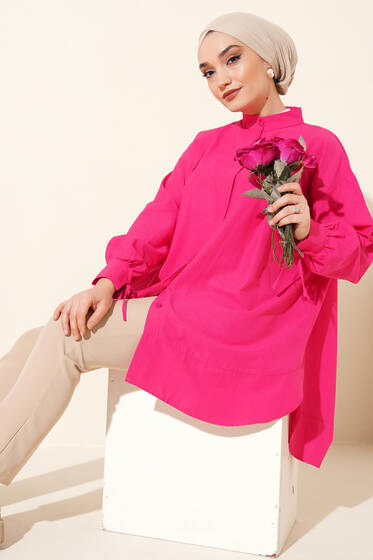 Kolu İp Bağlamalı Yırtmaçlı Tunik Fusya - Tunik