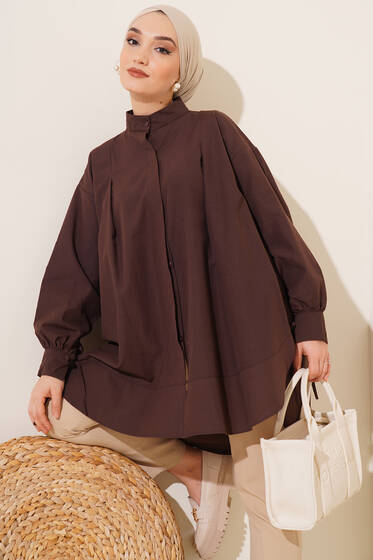 Kolu İp Bağlamalı Yırtmaçlı Tunik Kestane - Tunik