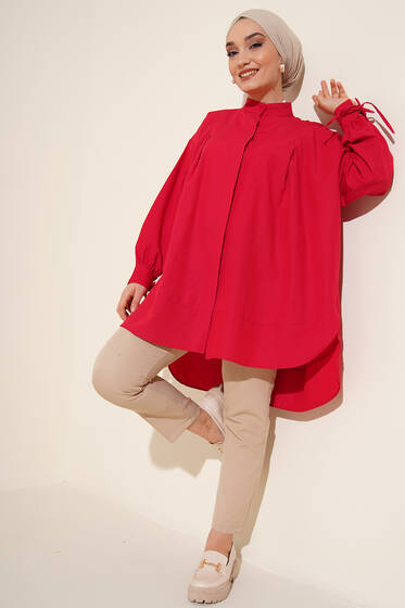 Kolu İp Bağlamalı Yırtmaçlı Tunik Kırmızı - Tunik