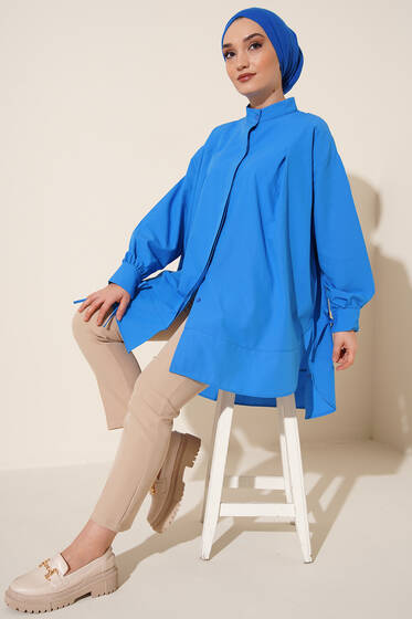 Kolu İp Bağlamalı Yırtmaçlı Tunik Mavi - Tunik