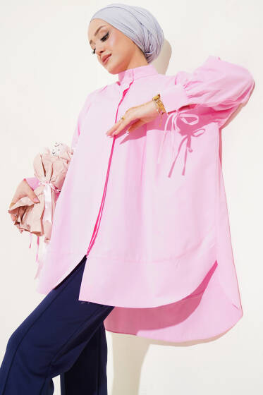 Kolu İp Bağlamalı Yırtmaçlı Tunik Pembe - Tunik
