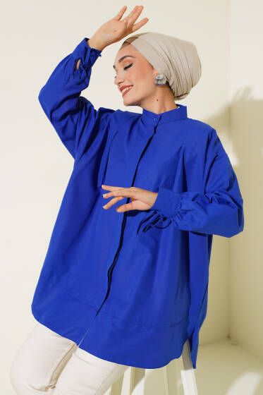 Kolu İp Bağlamalı Yırtmaçlı Tunik Saks - Tunik