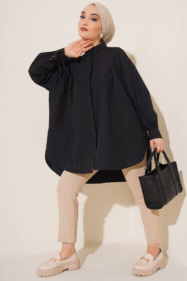Kolu İp Bağlamalı Yırtmaçlı Tunik Siyah - Tunik