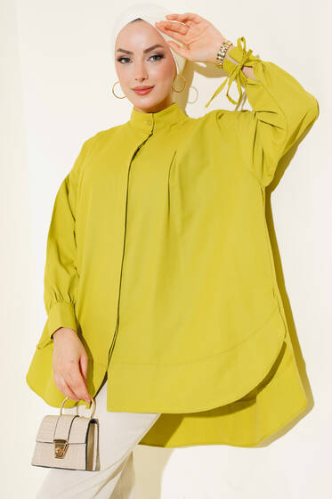 Kolu İp Bağlamalı Yırtmaçlı Tunik Yağ Yeşili - Tunik