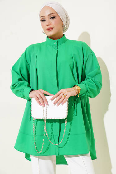Kolu İp Bağlamalı Yırtmaçlı Tunik Yeşil - Tunik