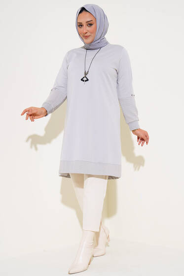 Kolu Kabartma Desen Kolyeli Büyük Beden Tunik Gri - Tunik