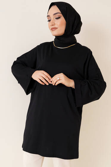 Kolu Katlı Basic Tunik Siyah - Tunik