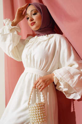 Kolu Katlı Kuşaklı Elbise Ekru - Tesettür Elbise