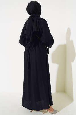 Kolu Katlı Kuşaklı Elbise Siyah - Tesettür Elbise