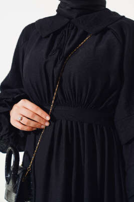 Kolu Katlı Kuşaklı Elbise Siyah - Tesettür Elbise