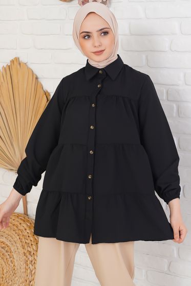 Kolu Lastikli Kat Kat Siyah Tunik - Tunik